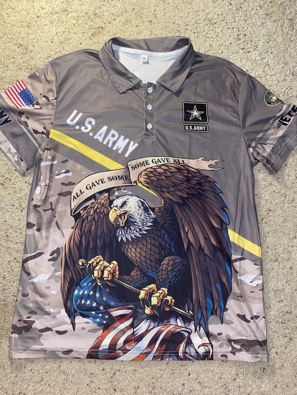 Vintage US Army Mens 2XL All Over Graphic Veteran War Hero Polo Eagle Shirt